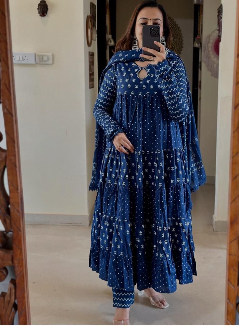 Indigo Blue Cotton Anarkali Suit with Dupatta